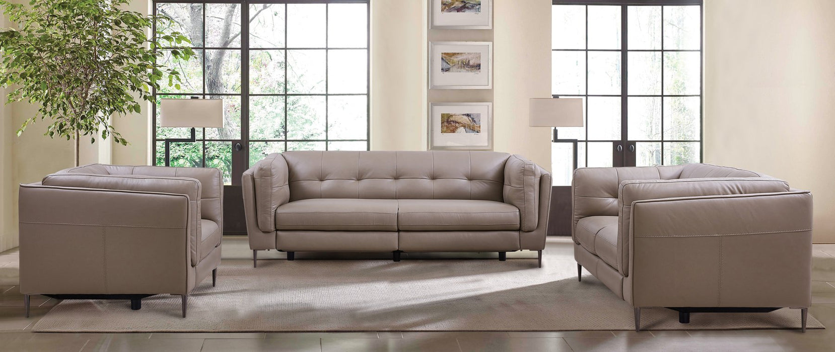 Primrose Contemporary Loveseat in Dark Metal Finish and Greige Genuine Leather