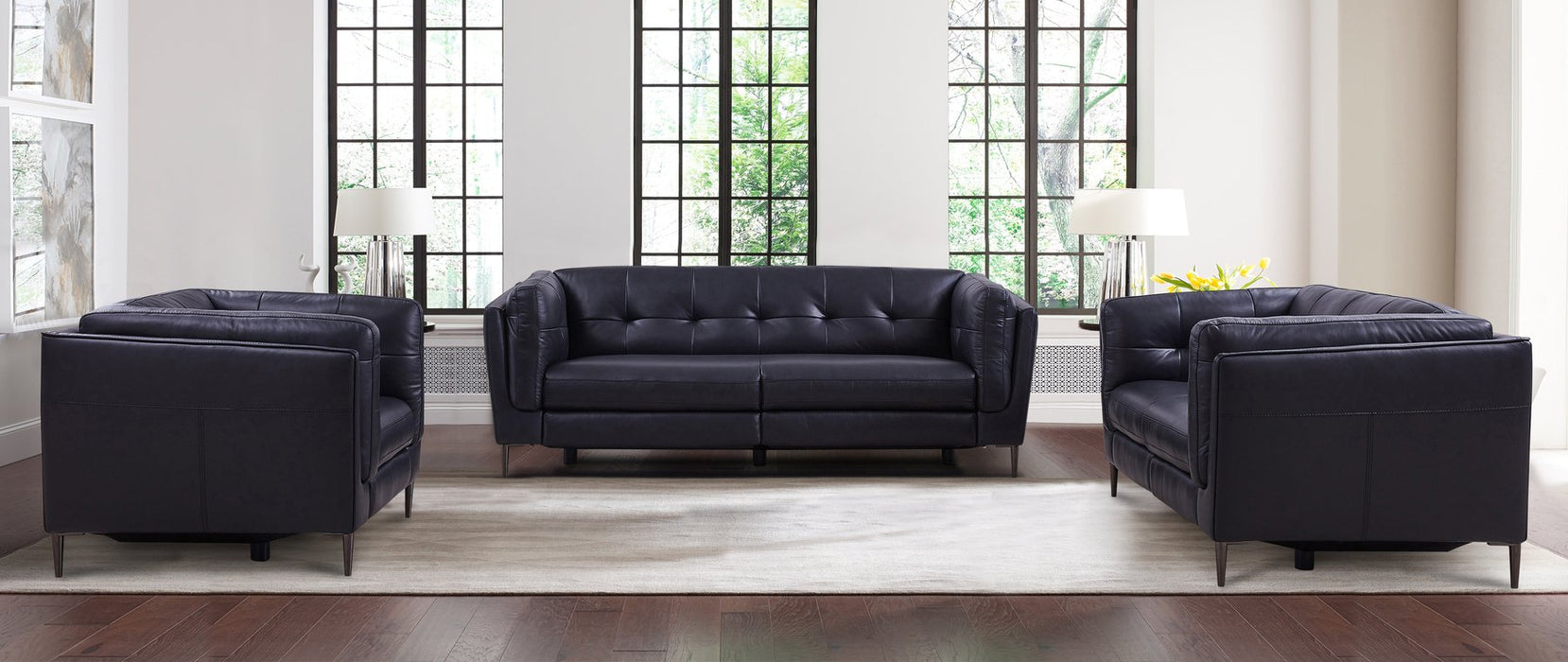 Primrose Contemporary Loveseat in Dark Metal Finish and Navy Genuine Leather