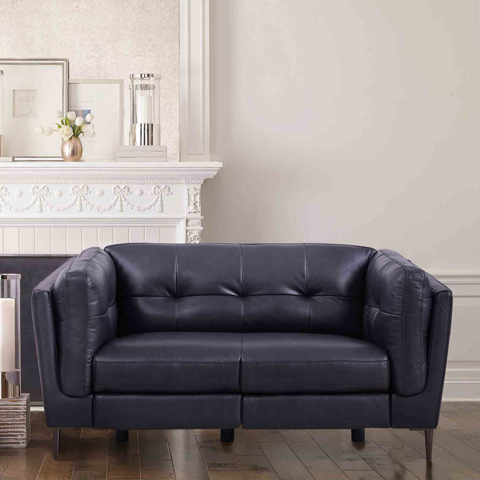 Primrose Contemporary Loveseat in Dark Metal Finish and Navy Genuine Leather