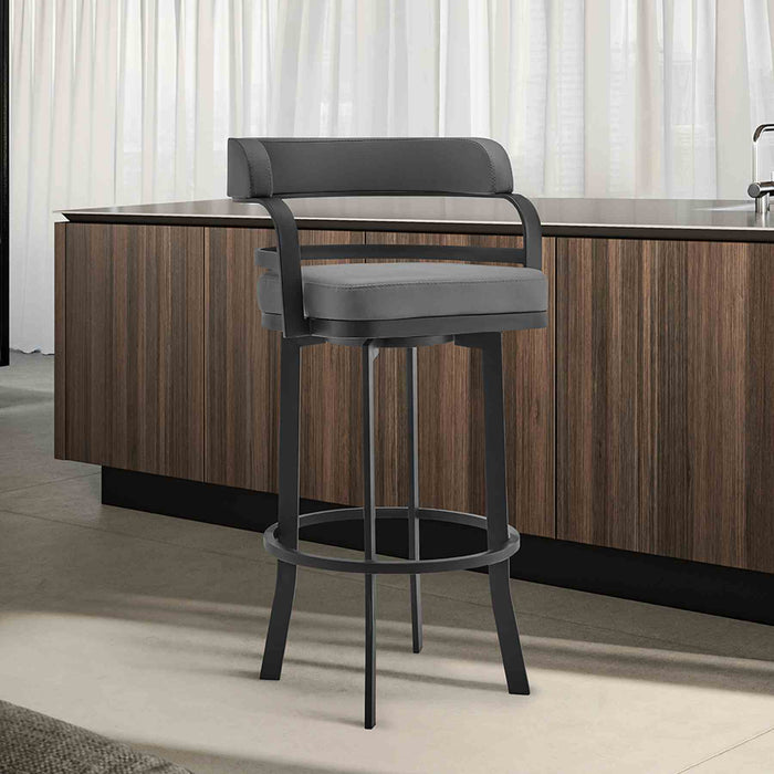Prinz 30" Bar Height Swivel Gray Faux Leather and Black Metal Bar Stool