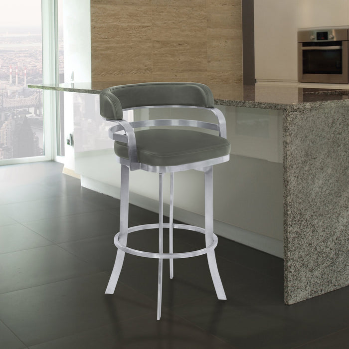 Prinz 26" Counter Height Swivel Gray Faux Leather and Brushed Stainless Steel Bar Stool