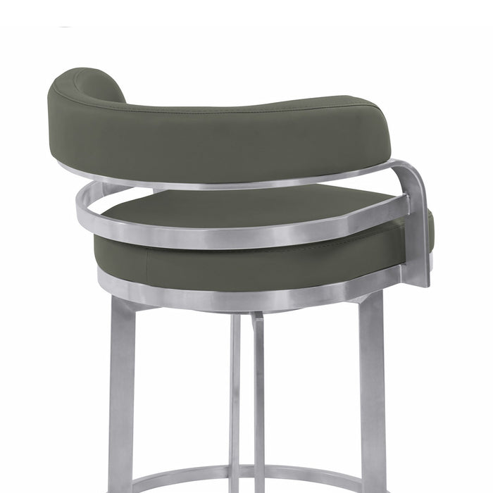 Prinz 30" Bar Height Swivel Gray Faux Leather and Brushed Stainless Steel Bar Stool
