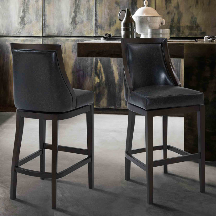 Presley 30" Bar Height Wood Swivel Barstool in Espresso Finish with Onyx Faux Leather