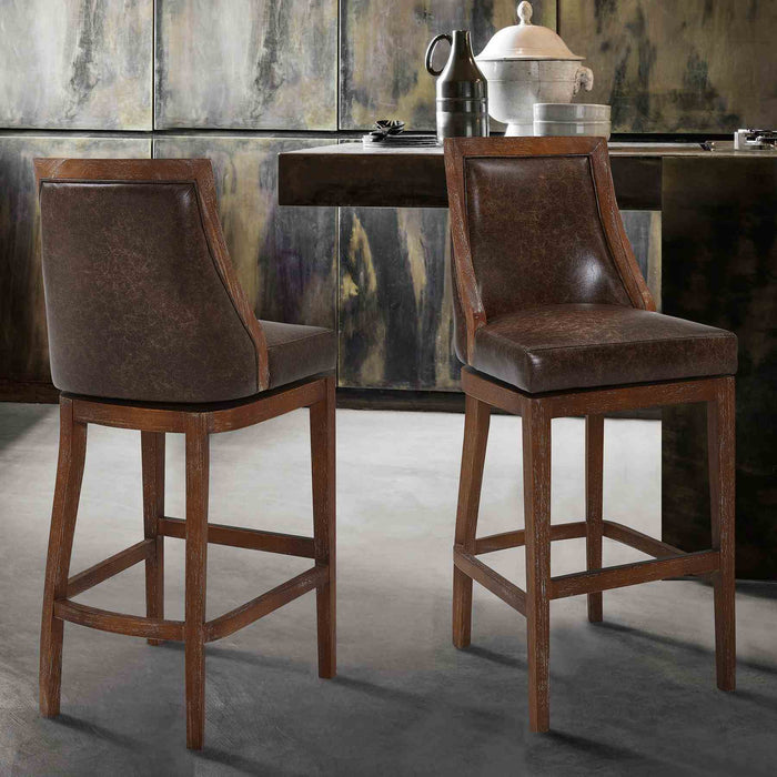 Presley 30" Bar Height Wood Swivel Barstool in Distressed Finish with Brown Stone Faux Leather