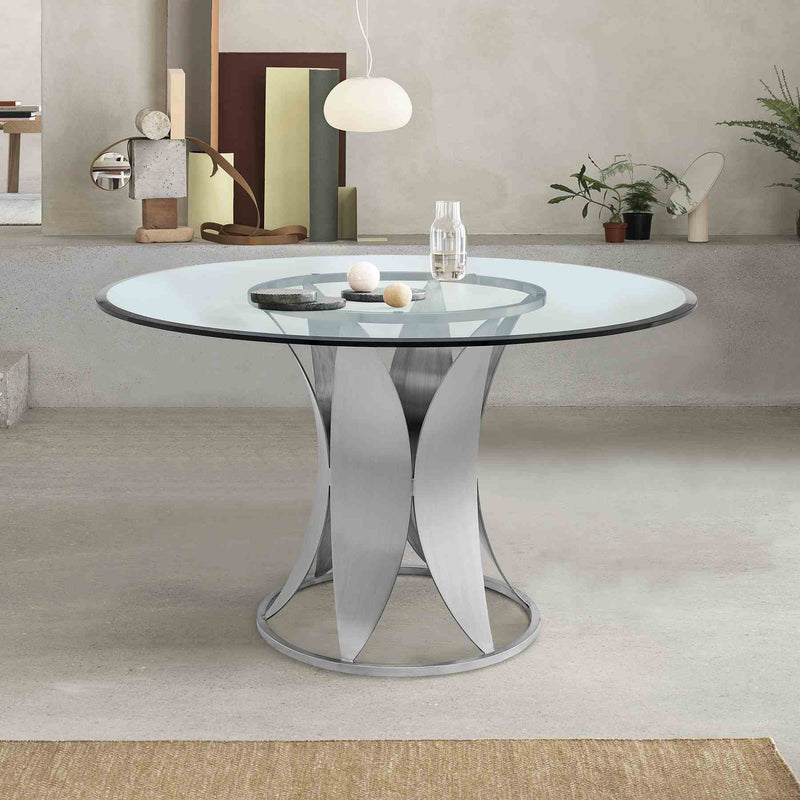 Petal Modern Glass and Stainless Steel Round Pedestal Dining Table - Furniture City (CA)l