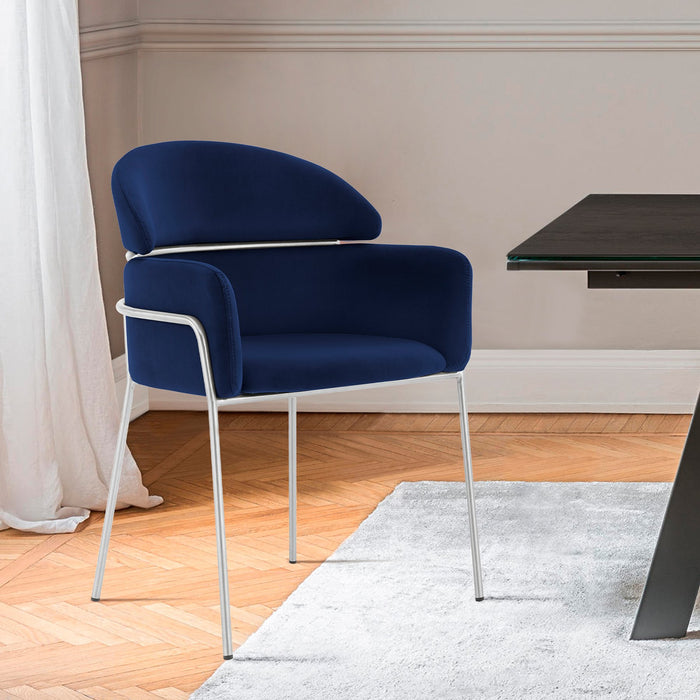 Portia Blue Velvet and Brushed Stainless Steel Dining Room Chairs - Set of 2