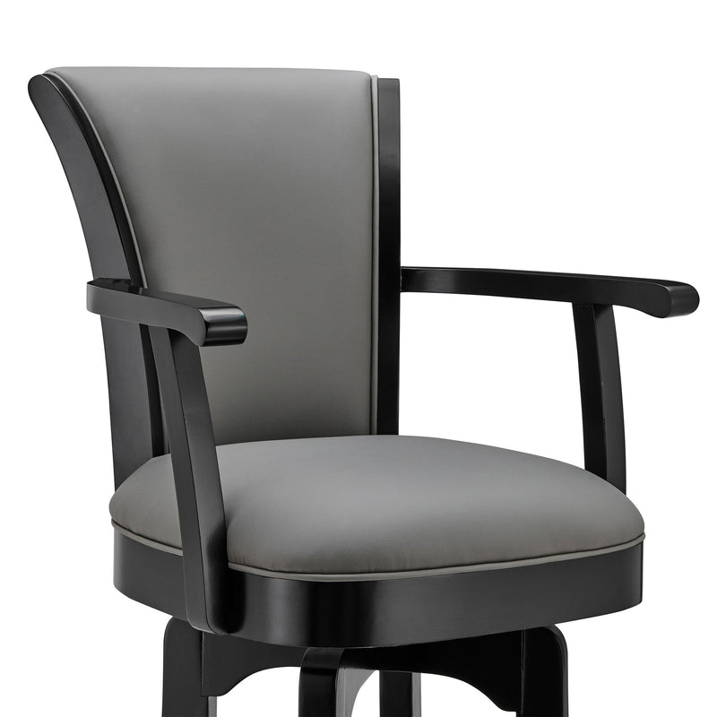 Raleigh 30" Bar Height Swivel Gray Faux Leather and Black Wood Arm Bar Stool - Furniture City (CA)l
