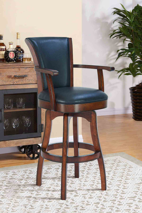 Raleigh Arm 30" Bar Height Swivel Barstool in Rustic Cordovan Finish and Brown Bonded Leather