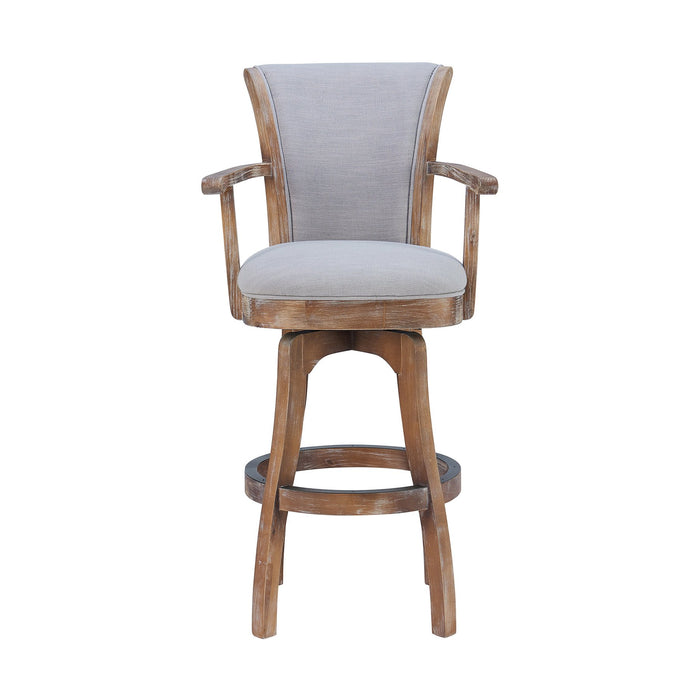 Raleigh Arm 30" Bar Height Swivel Barstool in Distressed Oak Finish and Putty Ivory Linen