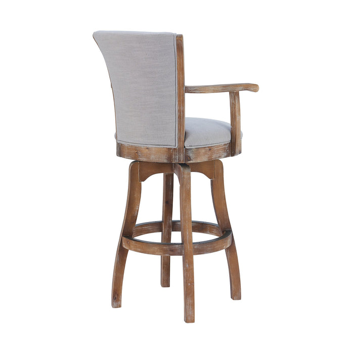 Raleigh Arm 30" Bar Height Swivel Barstool in Distressed Oak Finish and Putty Ivory Linen