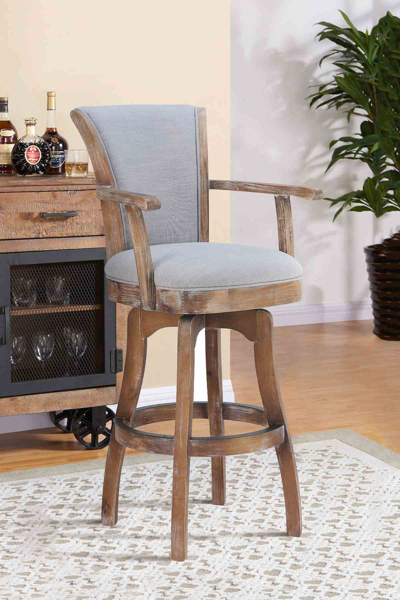 Raleigh Arm 30" Bar Height Swivel Barstool in Distressed Oak Finish and Putty Ivory Linen - Furniture City (CA)l