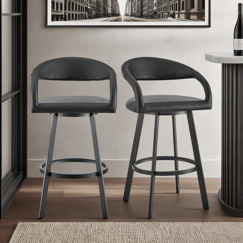 Ramona 30" Swivel Bar Stool with Matte Black Iron and Black Faux Leather - Furniture City (CA)l