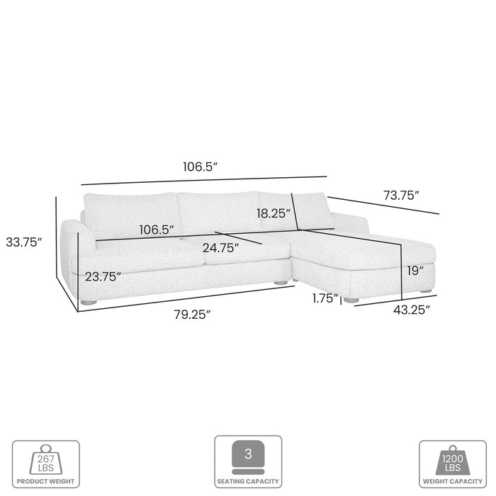 Reid 123 in. Right Arm Facing  Rectangular Sectional Sofa in Snow Fleck Fabric with Round Arms
