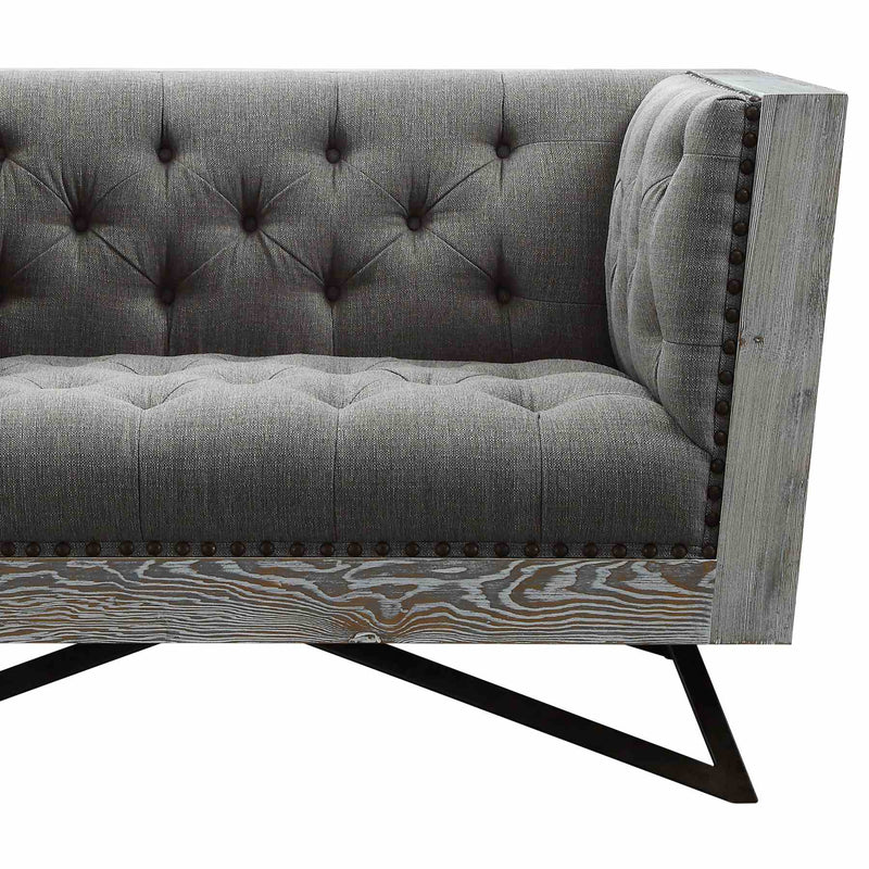 Regis Contemporary Chair in Gray Fabric with Black Metal Finish Legs and Antique Brown Nailhead Accents - Furniture City (CA)l