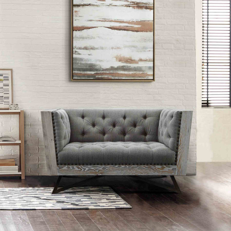 Regis Contemporary Chair in Gray Fabric with Black Metal Finish Legs and Antique Brown Nailhead Accents - Furniture City (CA)l