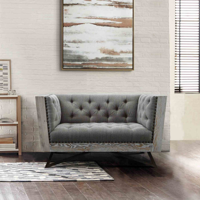 Regis Contemporary Chair in Gray Fabric with Black Metal Finish Legs and Antique Brown Nailhead Accents