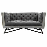Regis Contemporary Loveseat in Gray Fabric with Black Metal Finish Legs and Antique Brown Nailhead Accents - Furniture City (CA)l