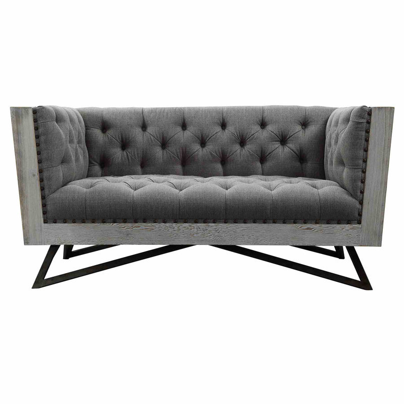 Regis Contemporary Loveseat in Gray Fabric with Black Metal Finish Legs and Antique Brown Nailhead Accents - Furniture City (CA)l
