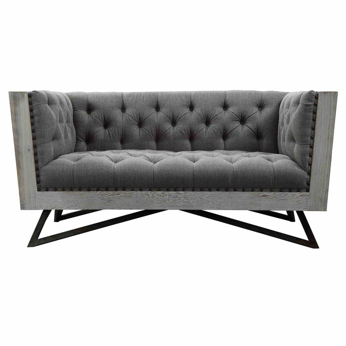Regis Contemporary Loveseat in Gray Fabric with Black Metal Finish Legs and Antique Brown Nailhead Accents