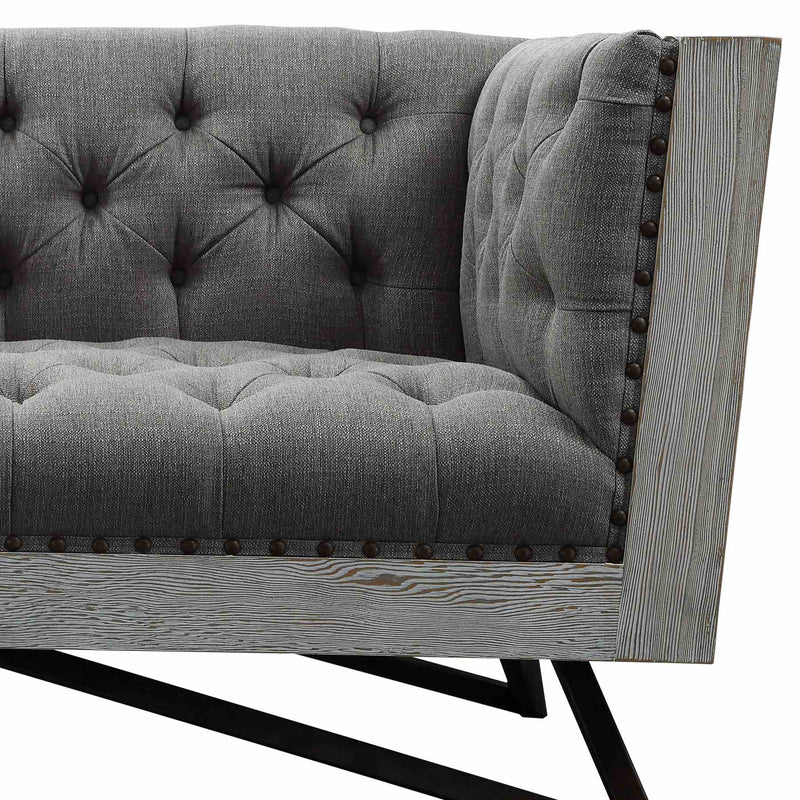 Regis Contemporary Loveseat in Gray Fabric with Black Metal Finish Legs and Antique Brown Nailhead Accents - Furniture City (CA)l