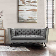 Regis Contemporary Loveseat in Gray Fabric with Black Metal Finish Legs and Antique Brown Nailhead Accents - Furniture City (CA)l