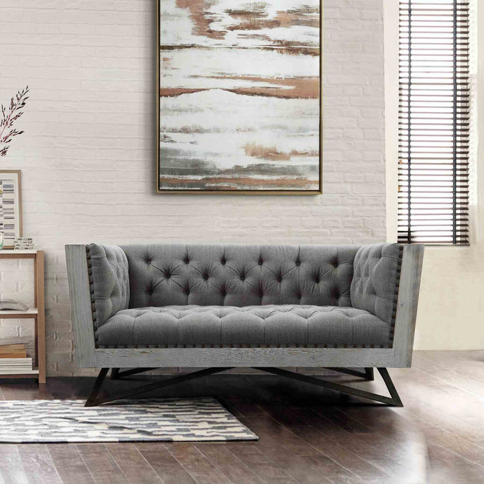 Regis Contemporary Loveseat in Gray Fabric with Black Metal Finish Legs and Antique Brown Nailhead Accents