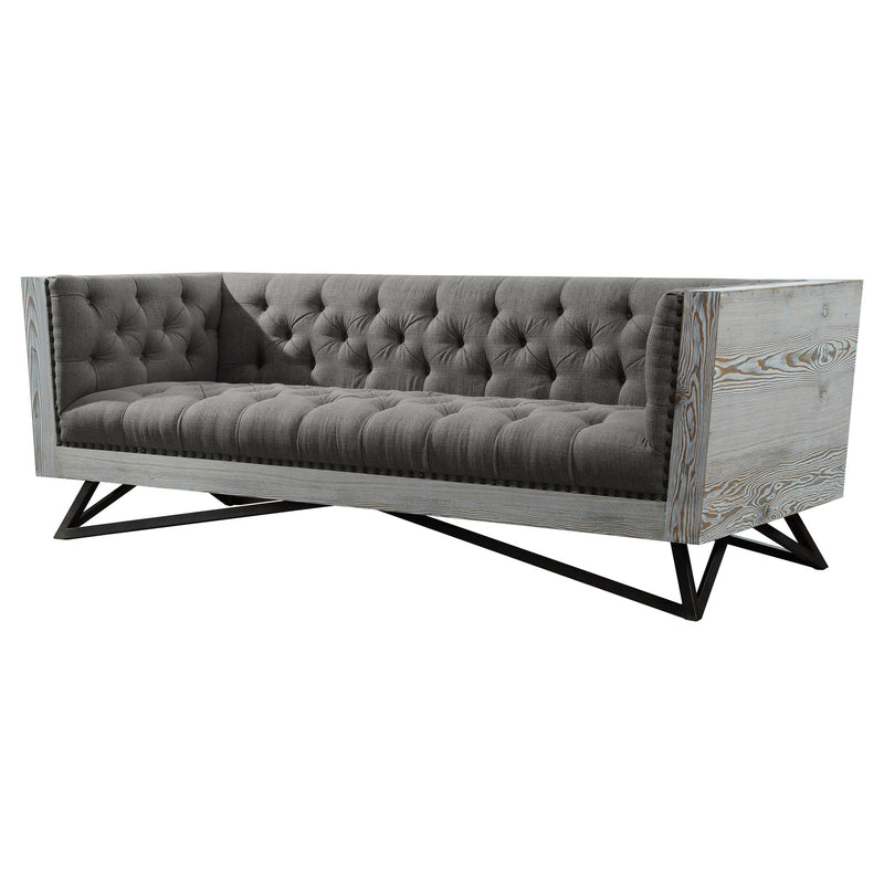 Regis Contemporary Sofa in Gray Fabric with Black Metal Finish Legs and Antique Brown Nailhead Accents - Furniture City (CA)l