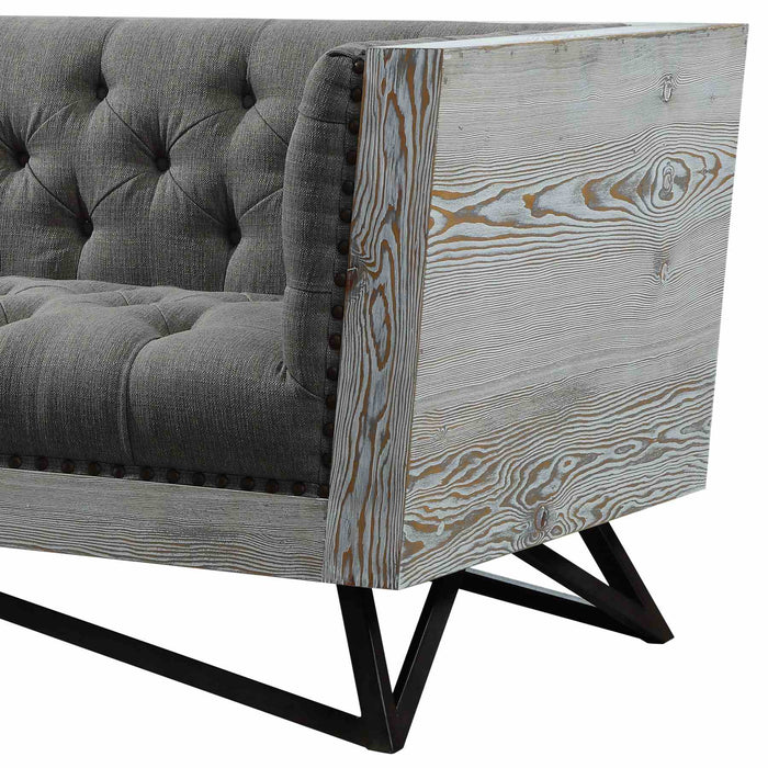 Regis Contemporary Sofa in Gray Fabric with Black Metal Finish Legs and Antique Brown Nailhead Accents