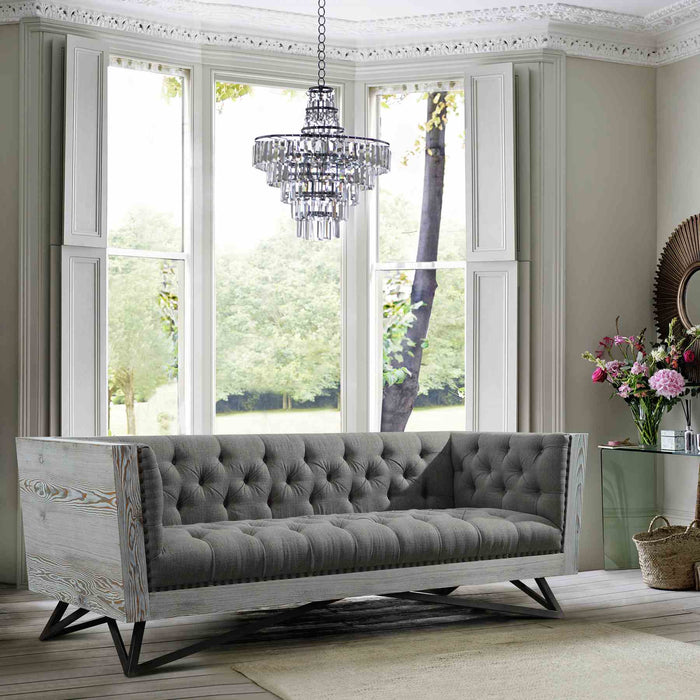 Regis Contemporary Sofa in Gray Fabric with Black Metal Finish Legs and Antique Brown Nailhead Accents