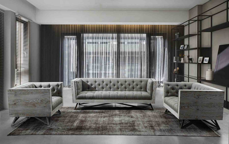 Regis Contemporary Sofa in Gray Fabric with Black Metal Finish Legs and Antique Brown Nailhead Accents - Furniture City (CA)l