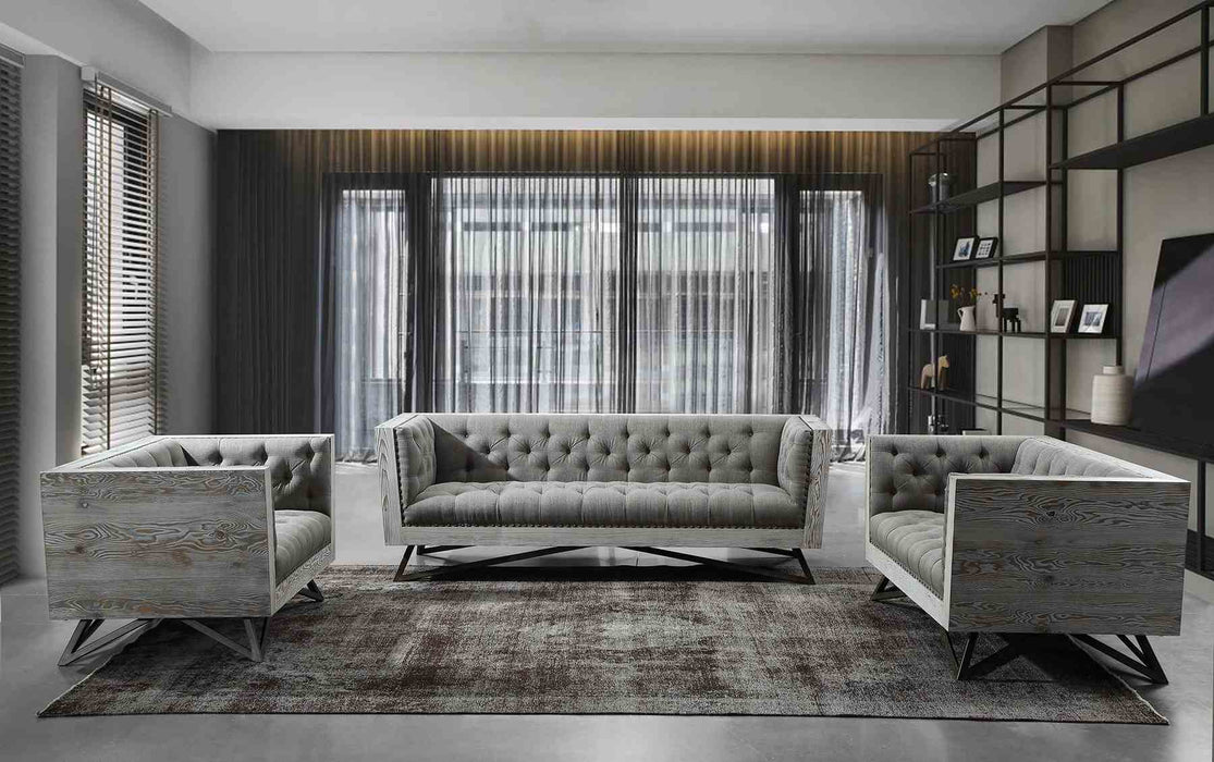 Regis Contemporary Sofa in Gray Fabric with Black Metal Finish Legs and Antique Brown Nailhead Accents