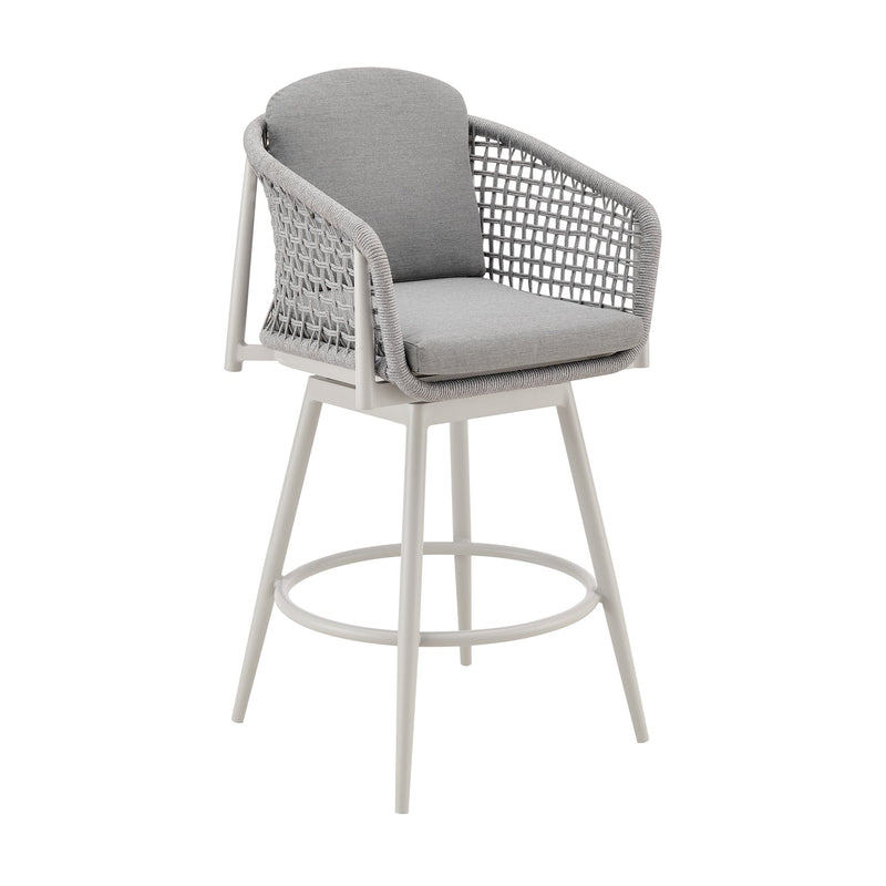 Rhodes Outdoor Patio Swivel Counter Stool in Aluminum with Light Gray Rope and Cushions - Furniture City (CA)l