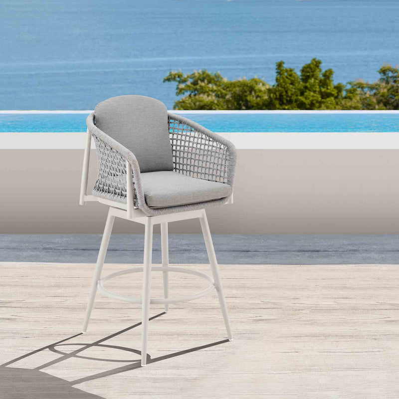 Rhodes Outdoor Patio Swivel Counter Stool in Aluminum with Light Gray Rope and Cushions - Furniture City (CA)l