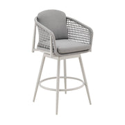 Rhodes Outdoor Patio Swivel Bar Stool in Aluminum with Light Gray Rope and Cushions - Furniture City (CA)l