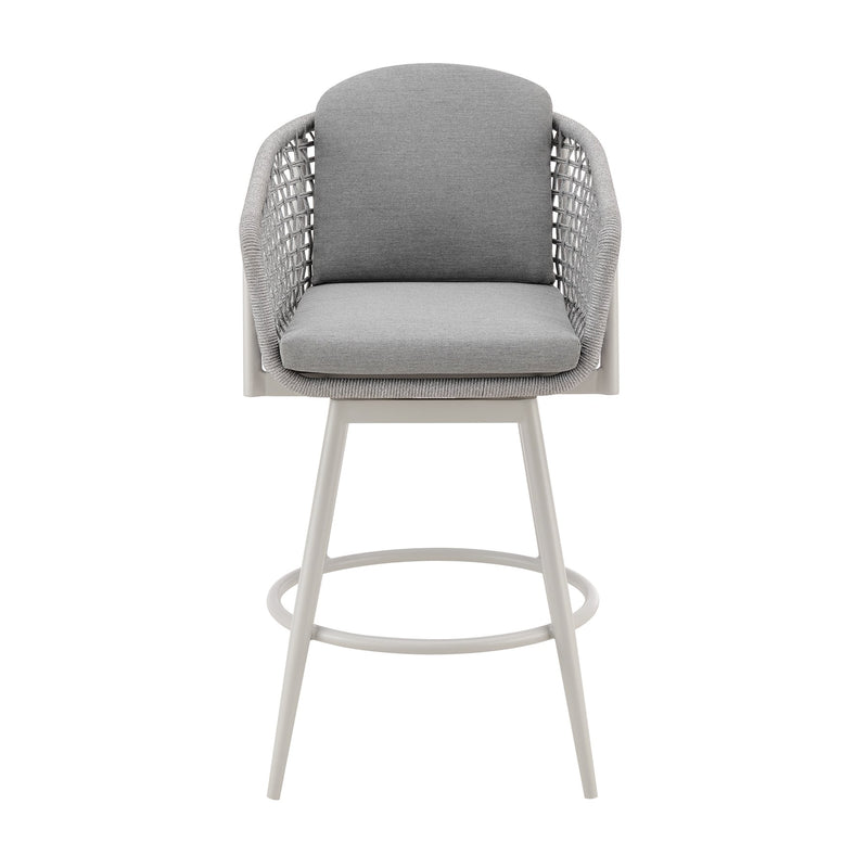 Rhodes Outdoor Patio Swivel Bar Stool in Aluminum with Light Gray Rope and Cushions - Furniture City (CA)l