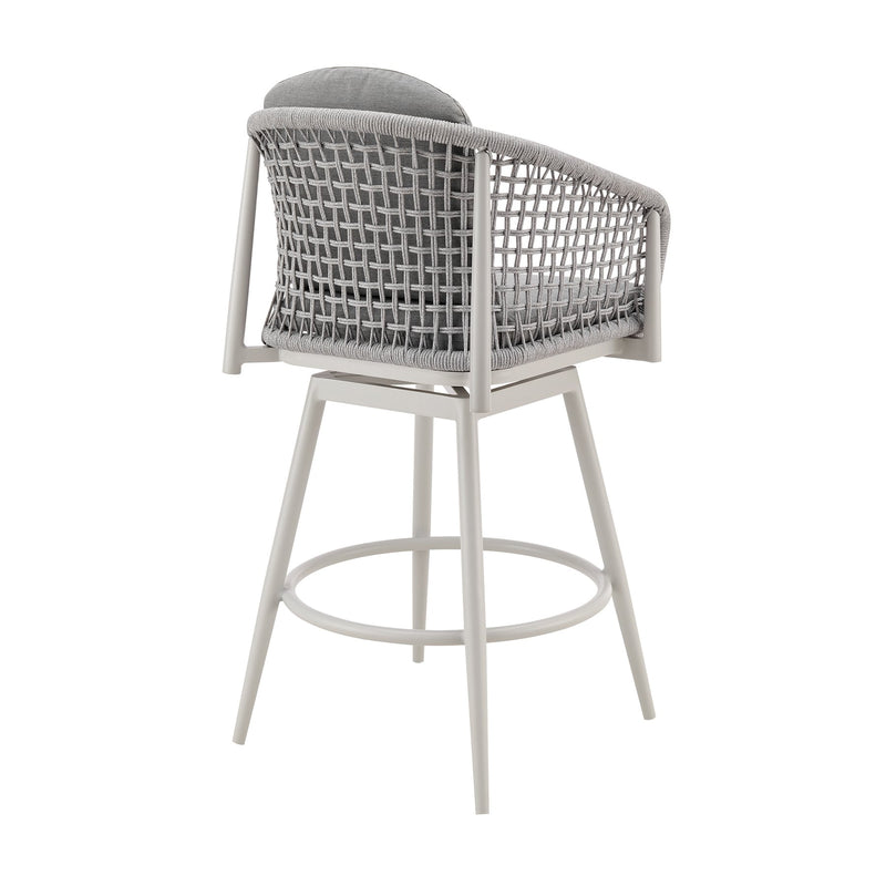 Rhodes Outdoor Patio Swivel Bar Stool in Aluminum with Light Gray Rope and Cushions - Furniture City (CA)l