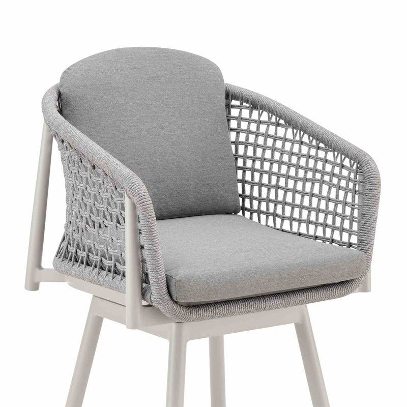 Rhodes Outdoor Patio Swivel Bar Stool in Aluminum with Light Gray Rope and Cushions - Furniture City (CA)l