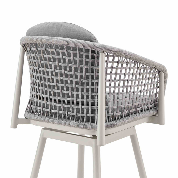 Rhodes Outdoor Patio Swivel Bar Stool in Aluminum with Light Gray Rope and Cushions