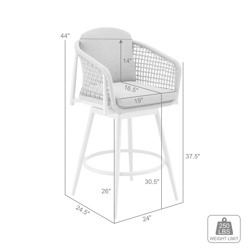 Rhodes Outdoor Patio Swivel Bar Stool in Aluminum with Light Gray Rope and Cushions - Furniture City (CA)l