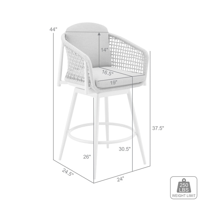 Rhodes Outdoor Patio Swivel Bar Stool in Aluminum with Light Gray Rope and Cushions