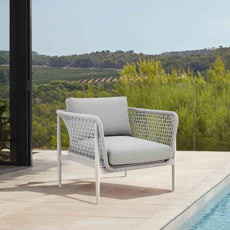 Rhodes Outdoor Patio Armchair in Aluminum with Light Gray Rope and Cushions - Furniture City (CA)l