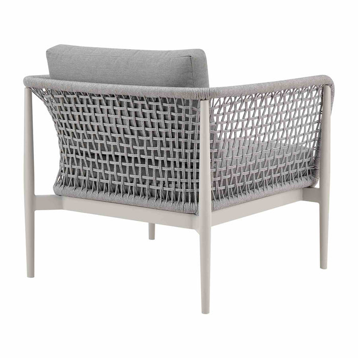 Rhodes Outdoor Patio Armchair in Aluminum with Light Gray Rope and Cushions