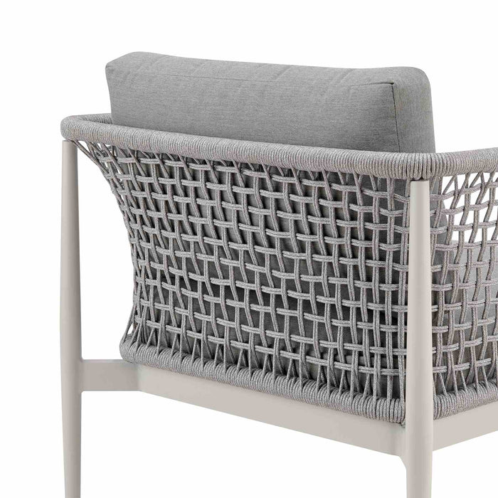 Rhodes Outdoor Patio Armchair in Aluminum with Light Gray Rope and Cushions