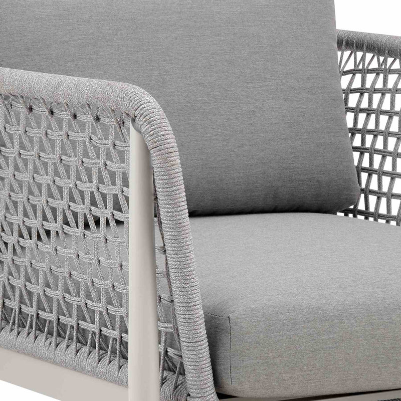 Rhodes Outdoor Patio Armchair in Aluminum with Light Gray Rope and Cushions - Furniture City (CA)l