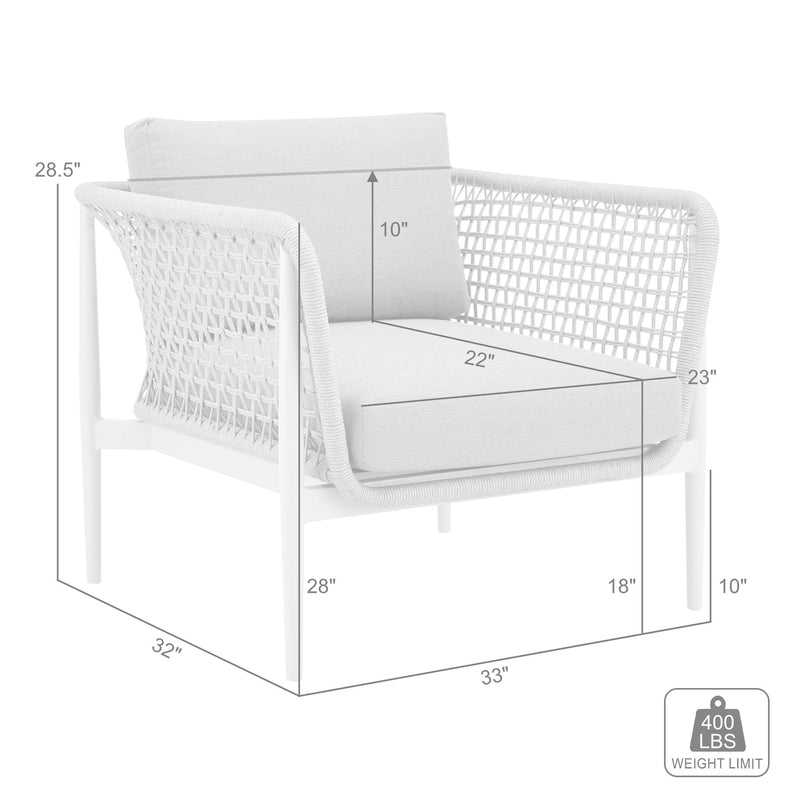 Rhodes Outdoor Patio Armchair in Aluminum with Light Gray Rope and Cushions - Furniture City (CA)l