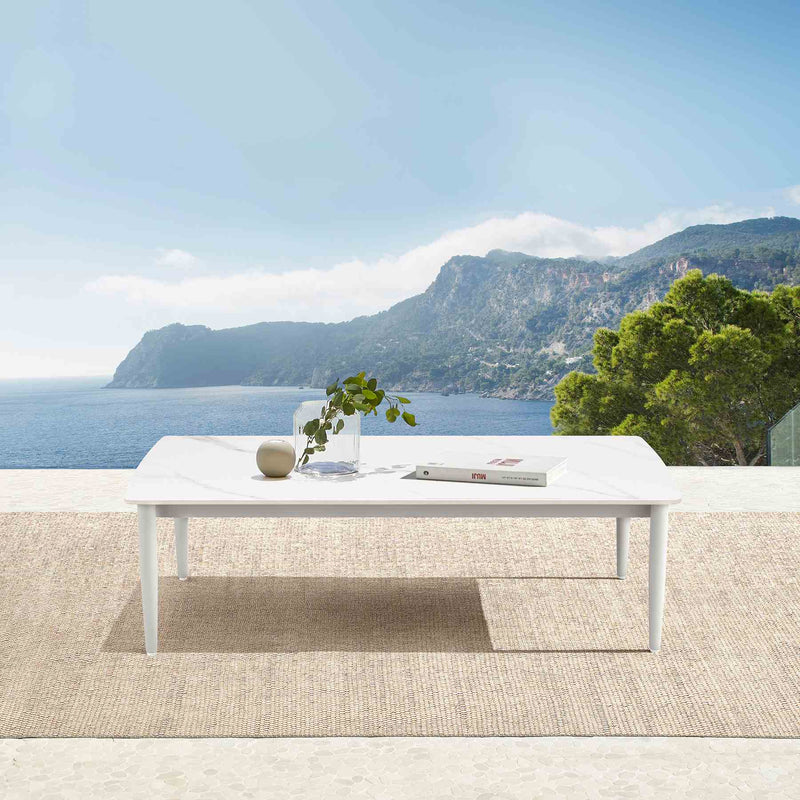 Rhodes Outdoor Patio Rectangular Coffee Table in Snowy Sintered Stone and Porcelain Finish - Furniture City (CA)l