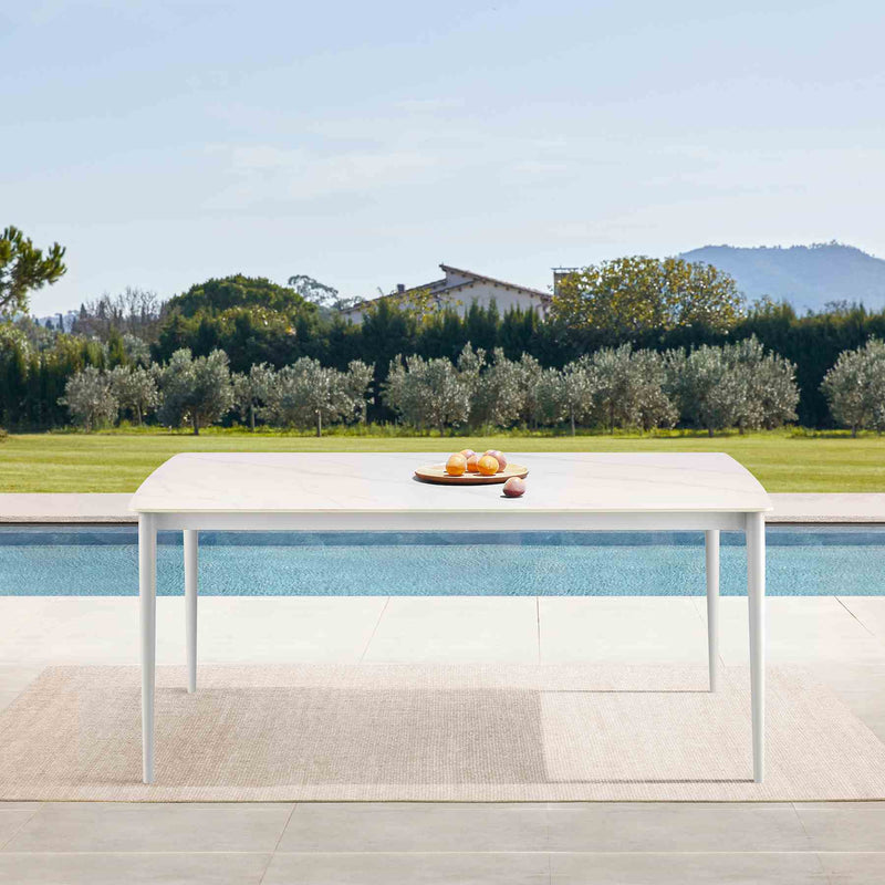 Rhodes Outdoor Patio Rectangular Dining Table in Snowy Sintered Stone and Porcelain Finish - Furniture City (CA)l