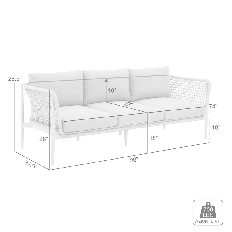 Rhodes Outdoor Patio Sofa in Aluminum with Light Gray Rope and Cushions - Furniture City (CA)l