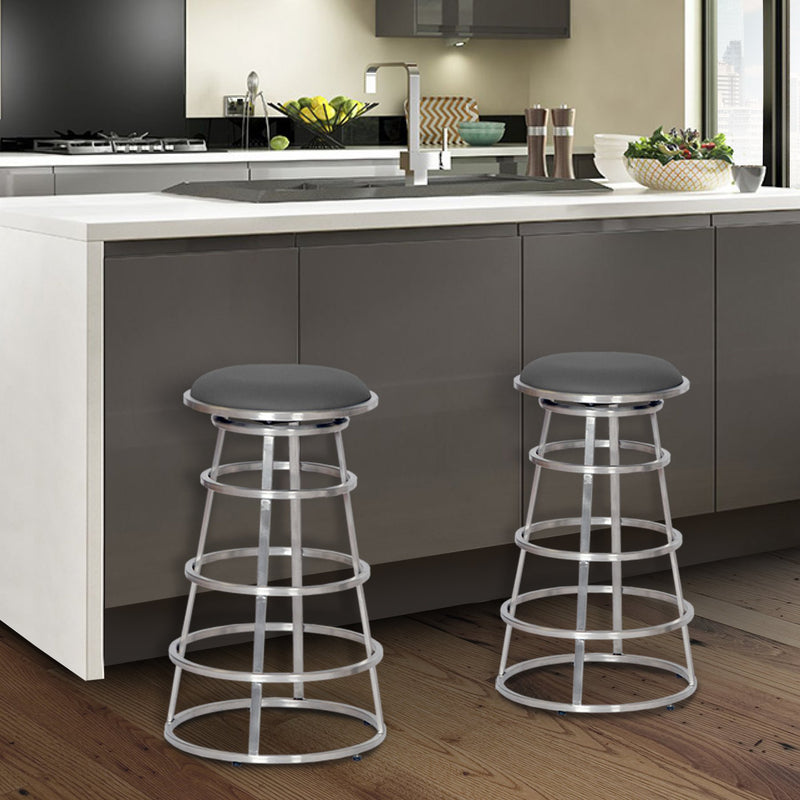 Ringo 30" Backless Brushed Stainless Steel Barstool in Gray Faux Leather - Furniture City (CA)l