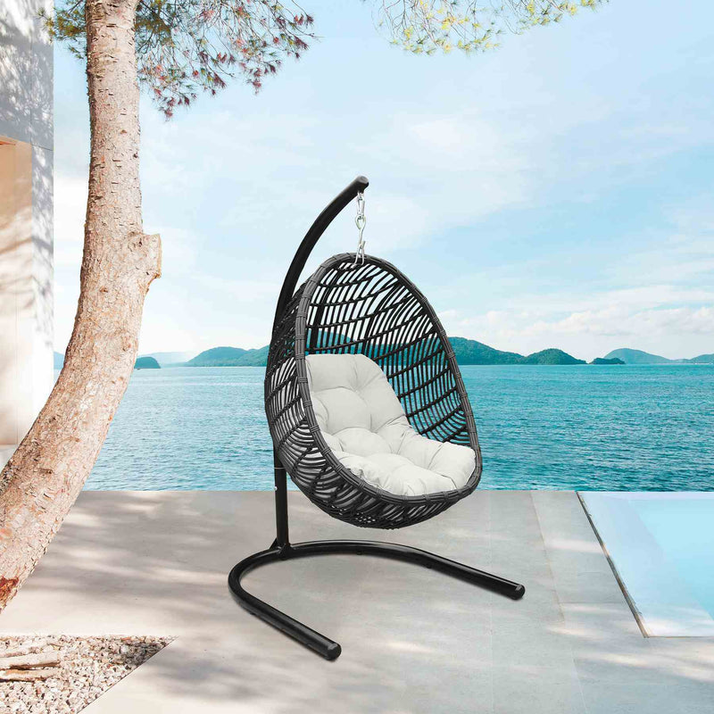 Rio Indoor Outdoor Hanging Egg Swing Chair in Gray Wicker with Black Iron Stand - Furniture City (CA)l